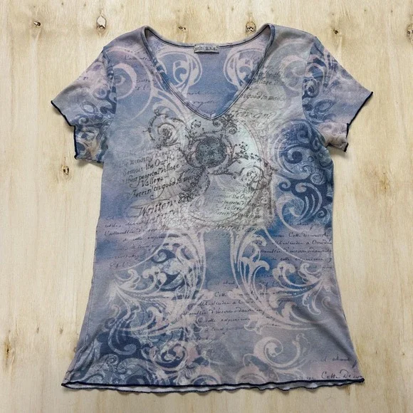 Y2K Xcit U.s.a. Shirt Womens Small Blue Scroll Script Rhinestone V Neck Top - Picture 1 of 9